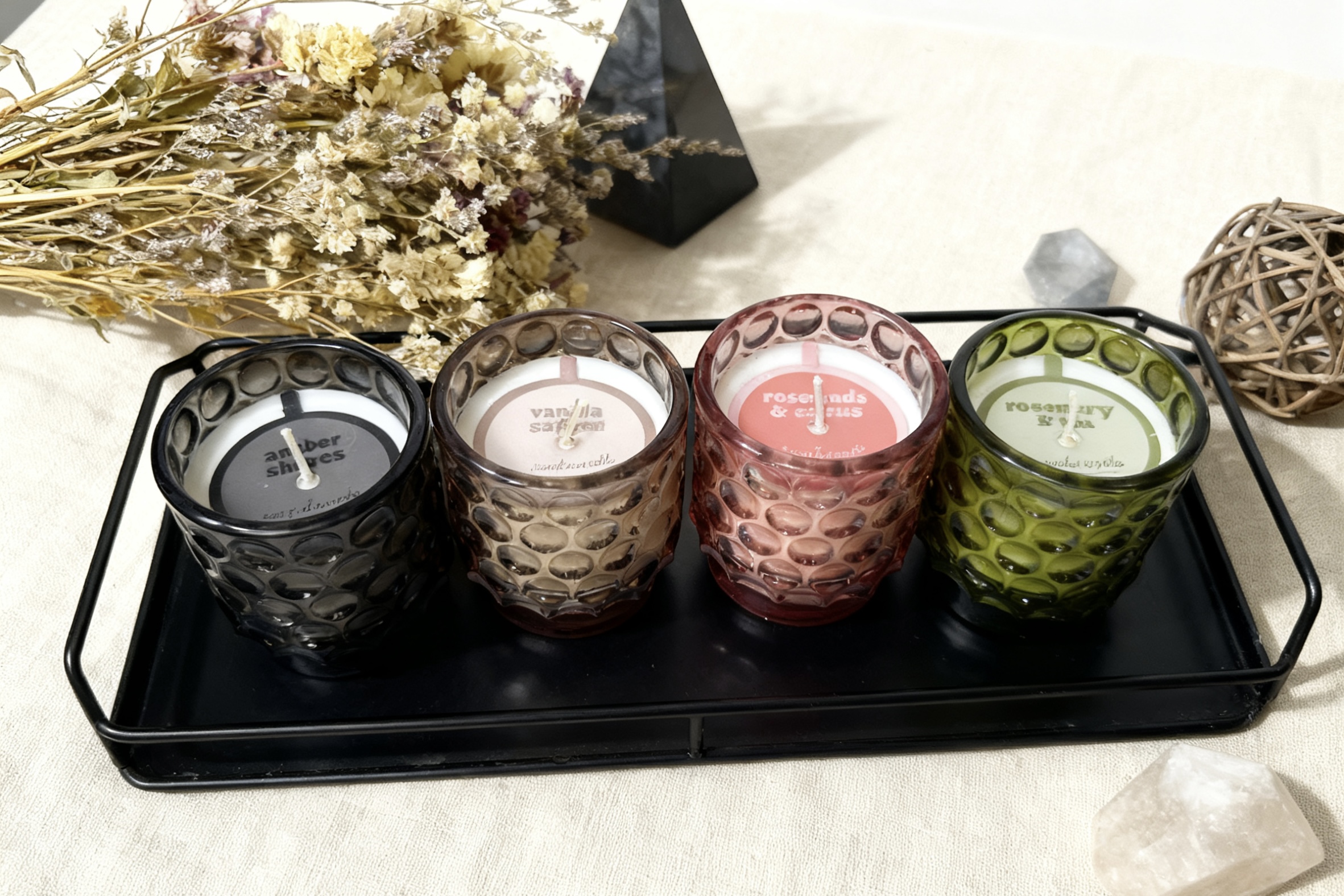 Colored dimpled footed glass filled candle  (115g wax fill)